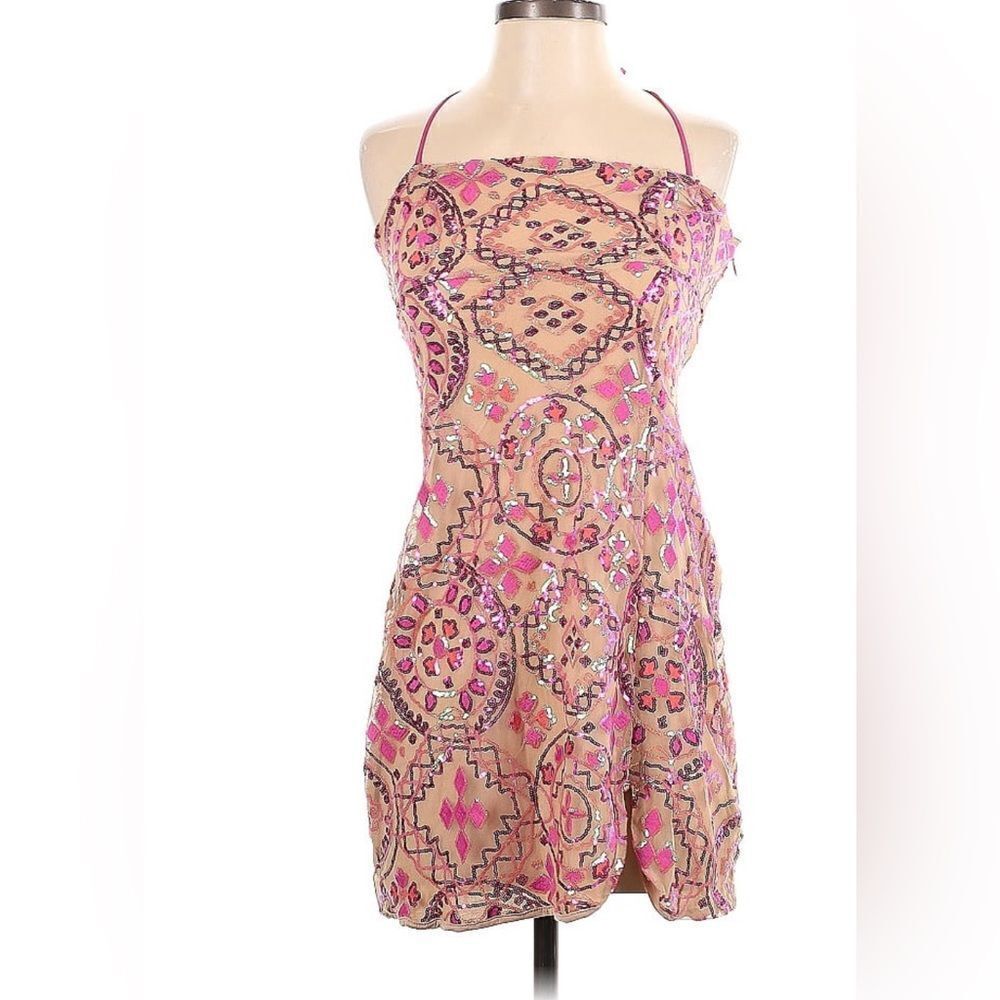 Free People floral print patchwork, crochet pink, short dress size 2